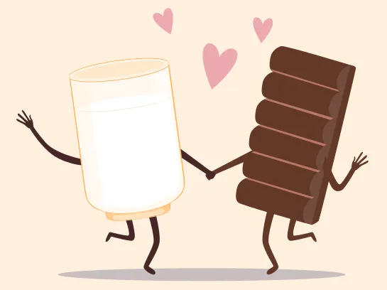 Un verre de lait et une palette de chocolat dansent ensemble en émettant des cœurs.