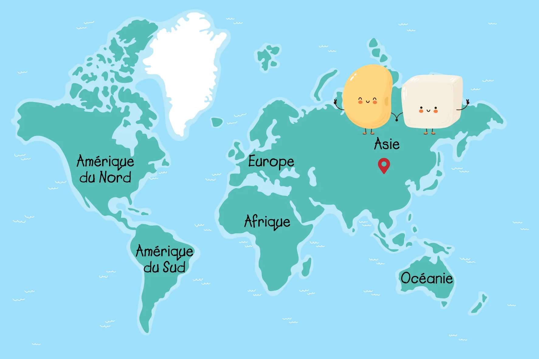 Sur une mappemonde, une fève de soya et un cube de tofu debout sur l’Asie main dans la main en souriant.