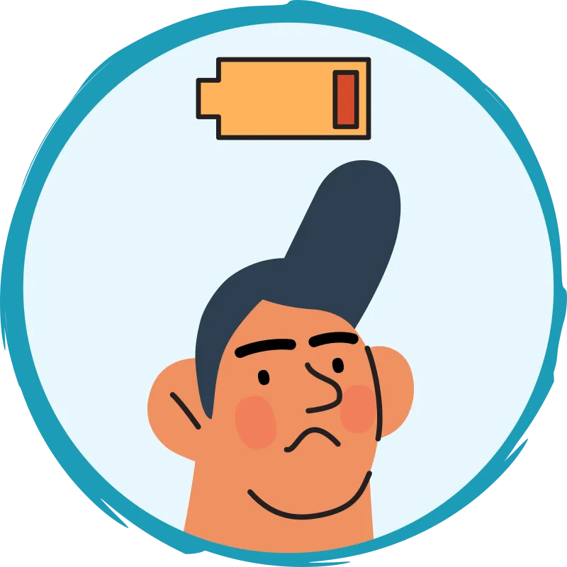 Le visage d’un garçon affichant une moue et une icône de pile déchargée.