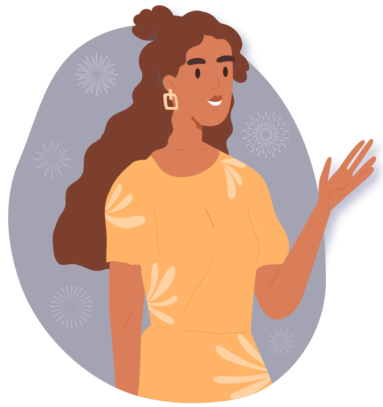 Une jeune femme aux longs cheveux bruns bouclés.