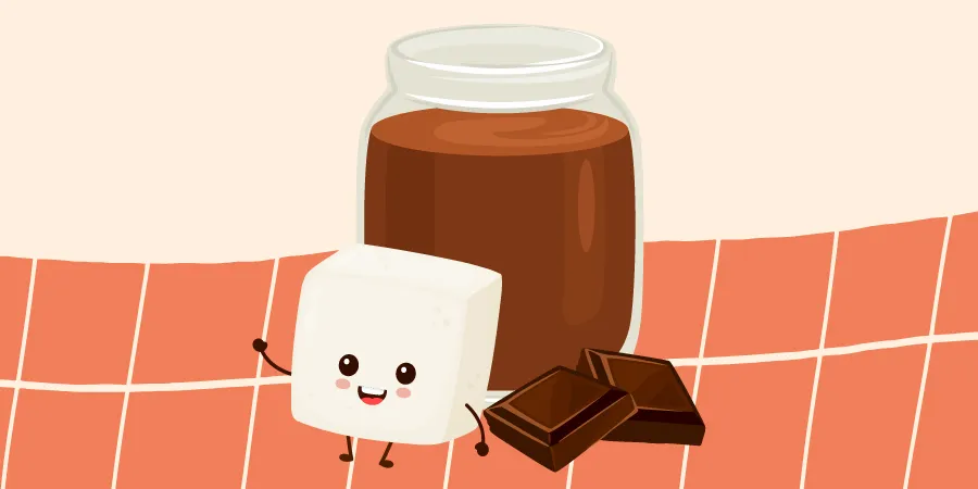 Un pot de mousse chocolatée, un cube de tofu avec des bras, des jambes et un visage, ainsi que deux carrés de chocolat.
