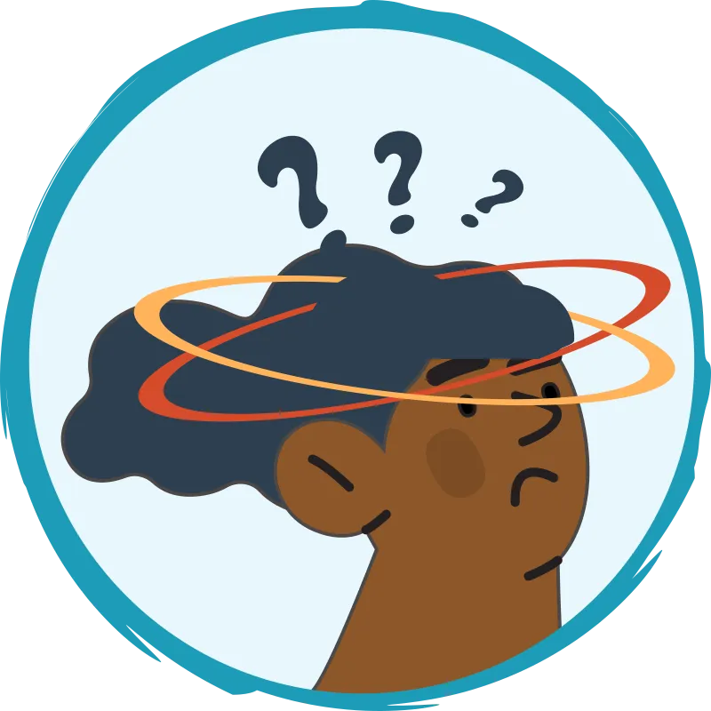 Visage d’une fille faisant la moue, deux anneaux tourbillonnent autour de sa tête, des points d’interrogation émergent.