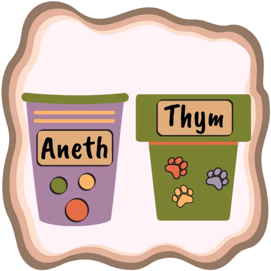 Pour l’aneth, un pot violet orné de trois cercles de couleur. Pour le thym, un pot vert orné de trois empreintes de pattes de chat.