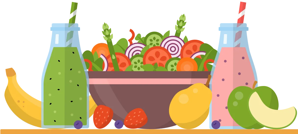 Un bol de salade de légumes accompagné d’une boisson verte, d’une boisson rose et de différents fruits.