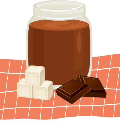 Un pot de mousse chocolatée au tofu, trois cubes de tofu, deux carrés de chocolat.