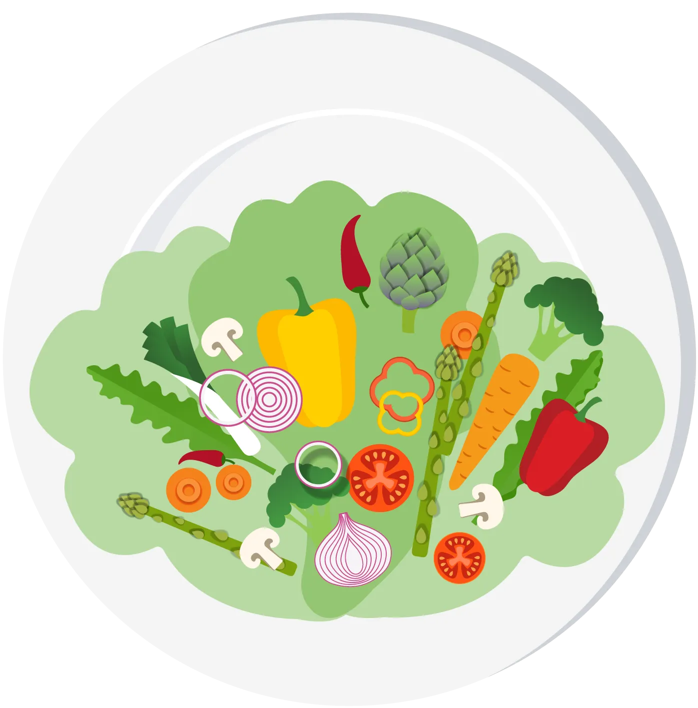 Dans une immense assiette, sur de larges feuilles de laitue, divers légumes colorés, entiers ou découpés.