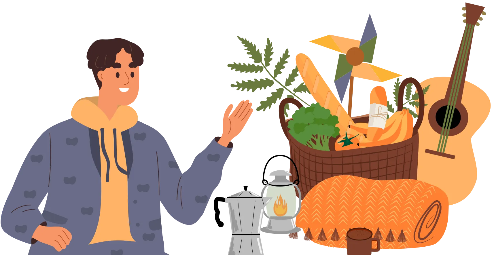 Garçon désignant un gros panier de produits frais, une cafetière, une lanterne, une couverture, une guitare.