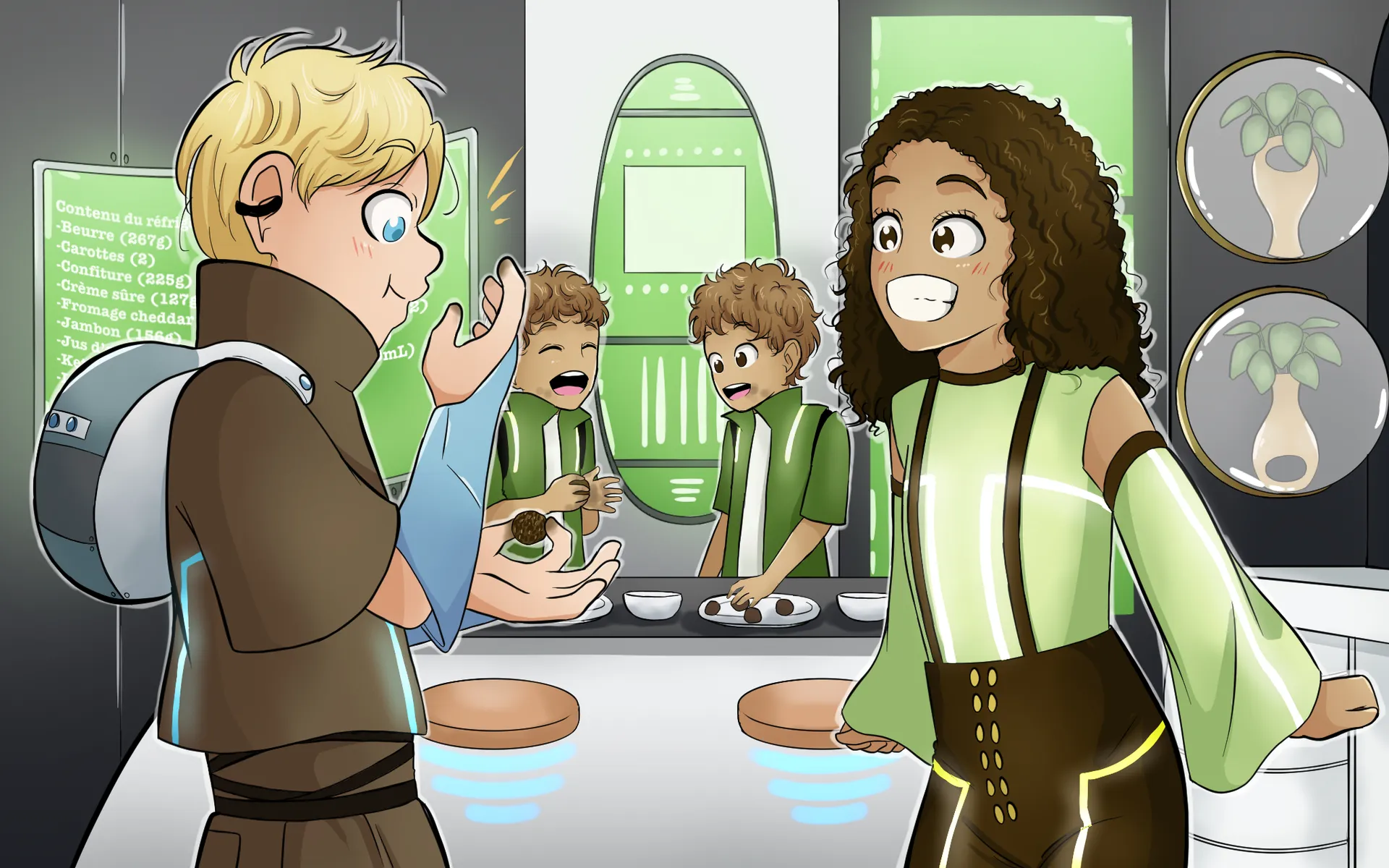 Thomas goûte une truffe devant Maria Luiza tandis que deux autres garçons en mangent aussi.