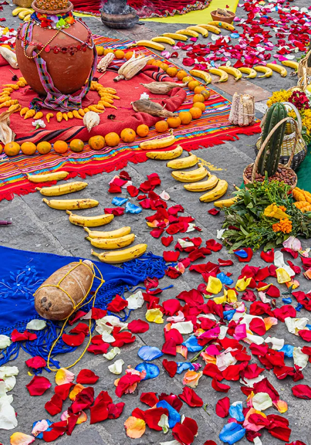 Photo d’un impressionnant assemblage, entre autres, de fruits, de pétales colorés, de nappes, de plantes et de fleurs, une cruche et une gourde.