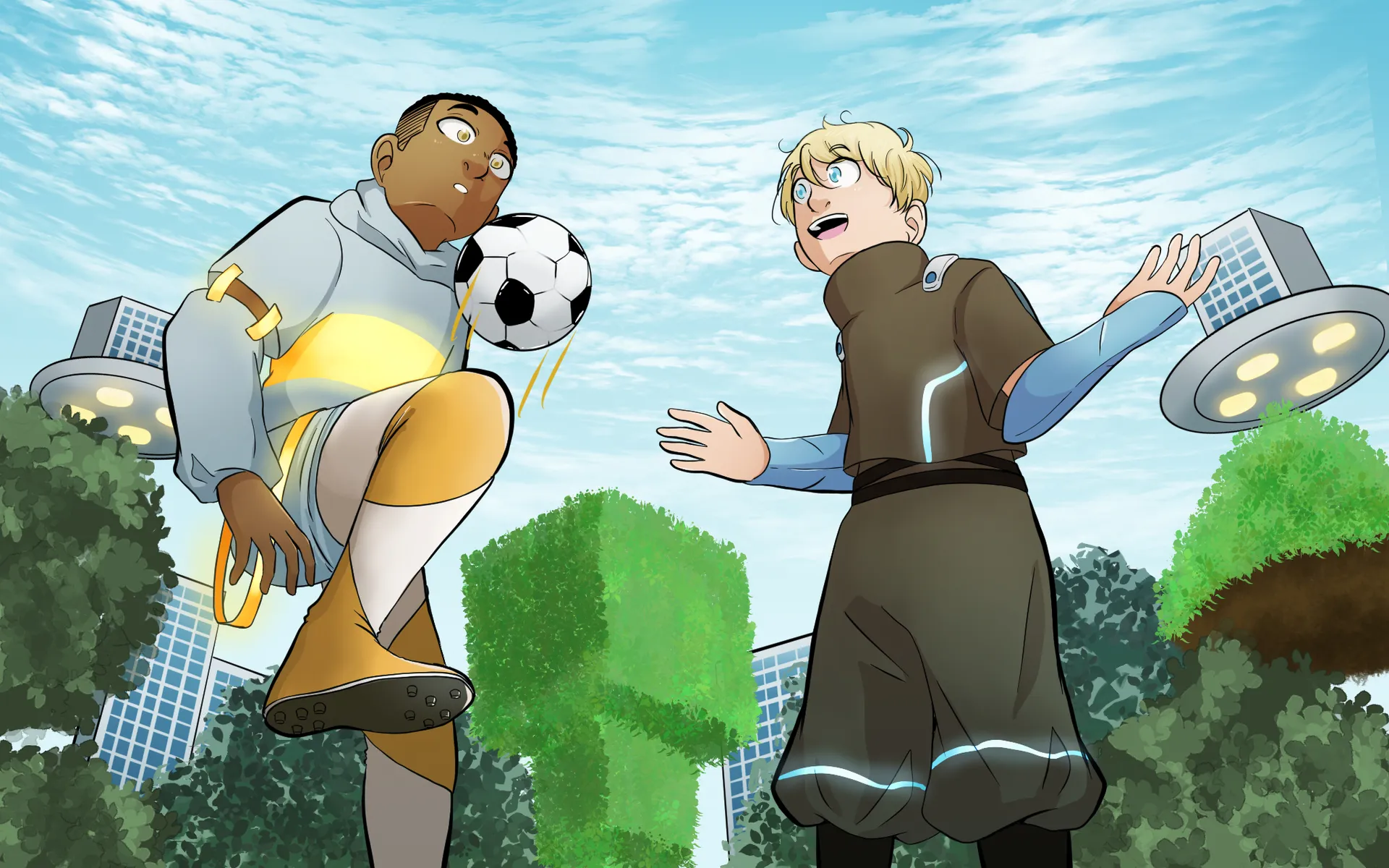 Devant Thomas, Nathan, un garçon vêtu d’un chandail à capuche gris orné de bandes dorées, fait bondir un ballon de soccer sur son genou.