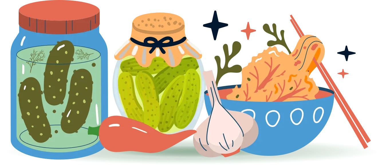 Deux pots de cornichons, un bol de kimchi et deux baguettes, un piment fort, un bulbe d’ail.