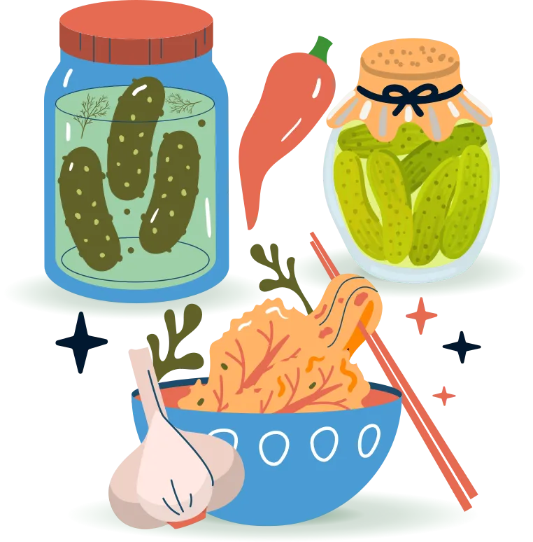 Deux pots de cornichons, un bol de kimchi et deux baguettes, un piment fort, un bulbe d’ail.