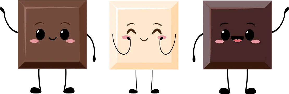 Trois carrés de chocolat : au lait, blanc, noir. Ils ont un visage, des bras et des jambes.