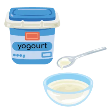Un contenant de yogourt, une cuillère qui verse du yogourt dans un bol.