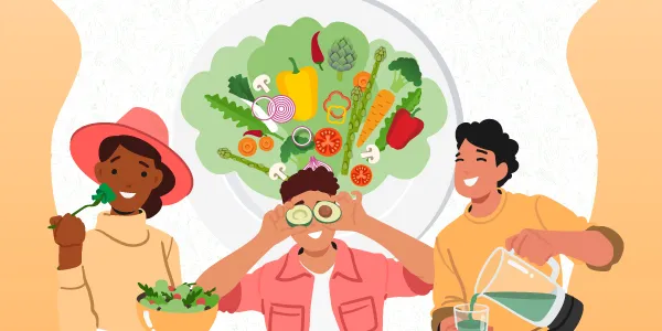 Une fille qui mange une salade, un garçon qui se fait des lunettes avec deux demi-avocats et une personne qui se verse du jus vert. Derrière le garçon à l’avocat, un assortiment de légumes colorés sur de larges feuilles de laitue.