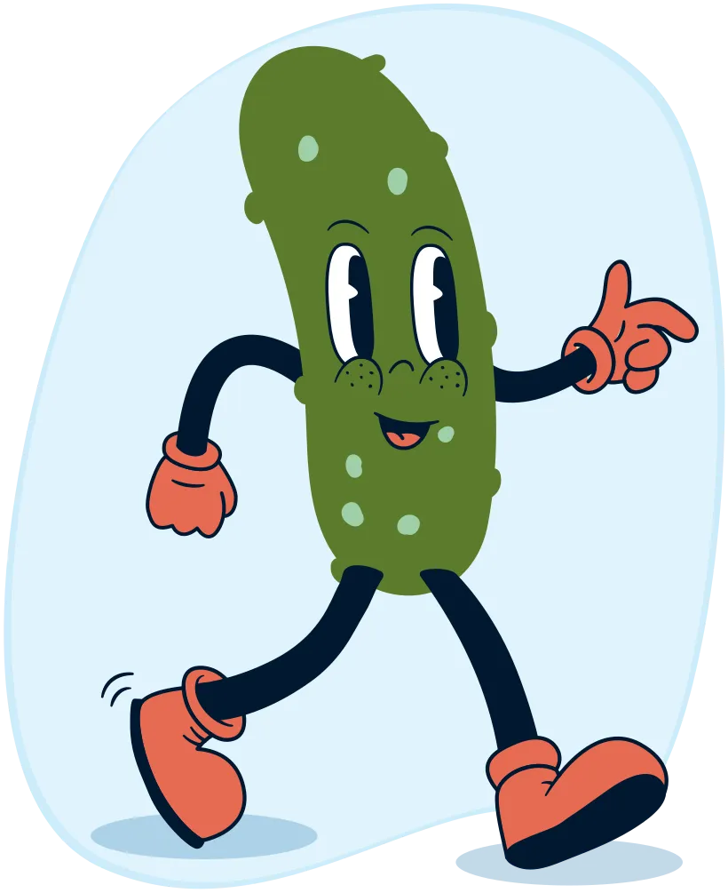 Un cornichon avec un visage, des bras et des jambes.