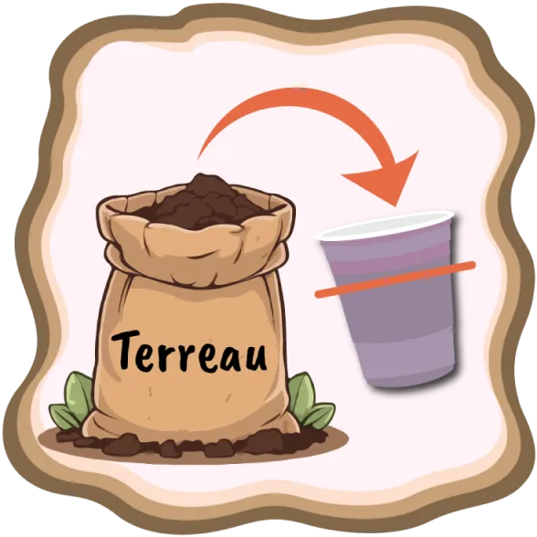 Une flèche reliant un sac de terreau à un verre jetable.