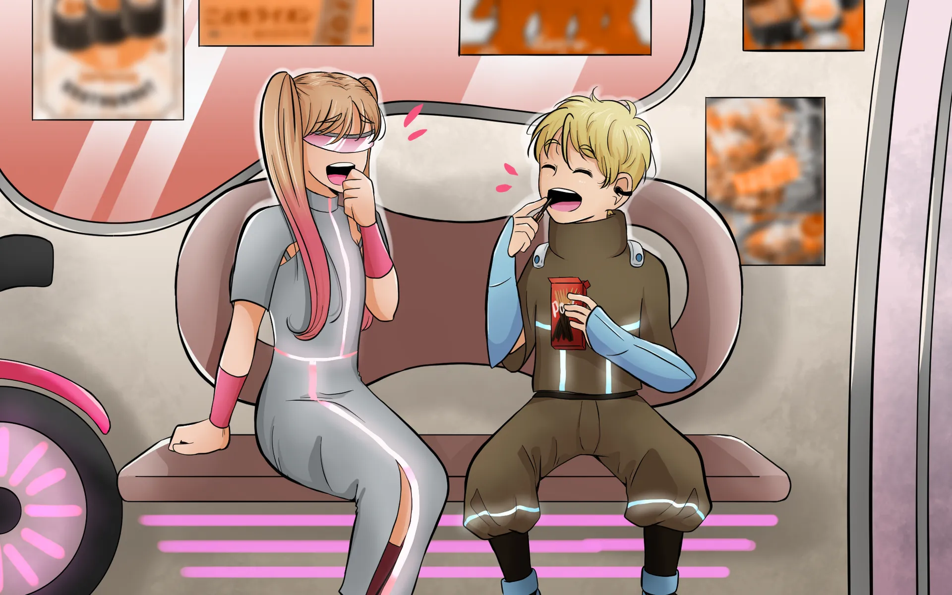 Makoto et Thomas sont assis sur un banc aux bandes lumineuses roses. Makoto, cheveux châtains à pointes roses, porte des lunettes roses et une robe grise fendue. Elle a des manchettes roses. Thomas mange un bâtonnet de Pocky en tenant le paquet.