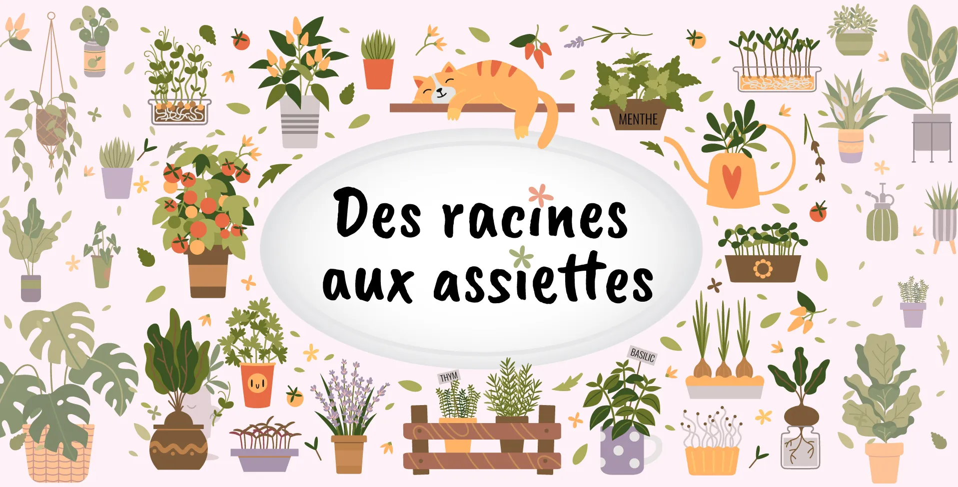 Un chat couché sur une tablette en bois entouré de différentes sortes de plantes.