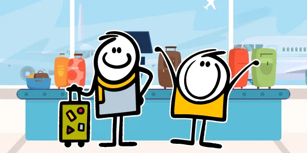 Deux personnages souriants, à l’aéroport, devant un poste de vérification des bagages.