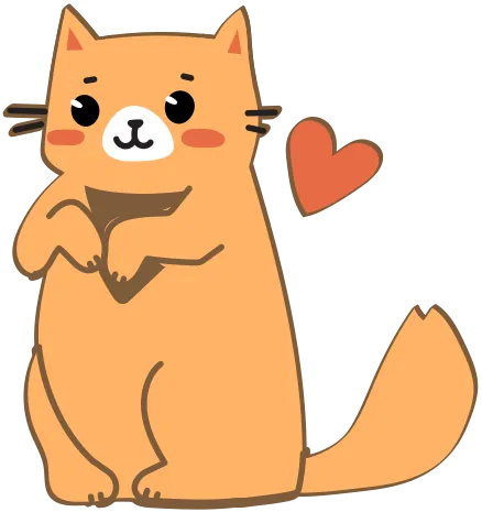 Un chat roux dressé sur les pattes arrière et un cœur rouge à côté.