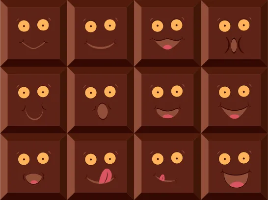 Une palette de chocolat dont les carrés ont des yeux et une bouche et affichent différentes expressions.
