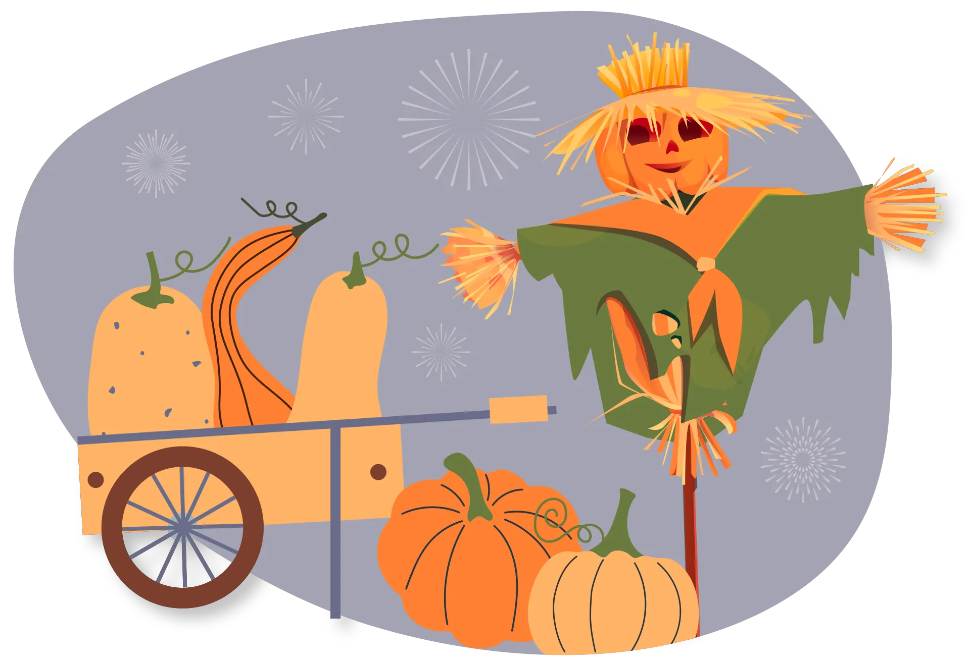 Un épouvantail et diverses sortes de courges.