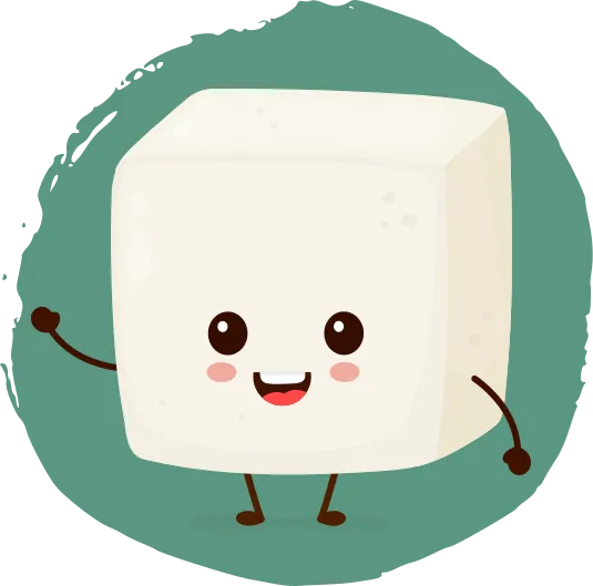 Un cube de tofu avec un visage souriant, des bras et des jambes.
