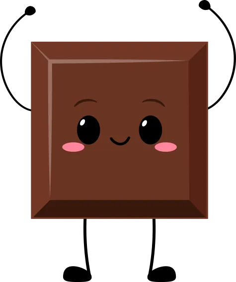 Un carré de chocolat au lait avec un visage, des bras et des jambes, qui lève les mains dans les airs.