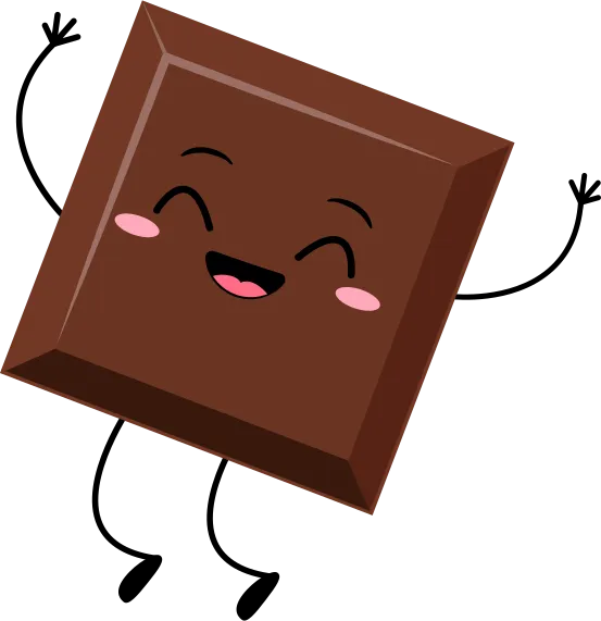 Un carré de chocolat au lait avec un visage, des bras et des jambes lève les bras en affichant un air heureux.