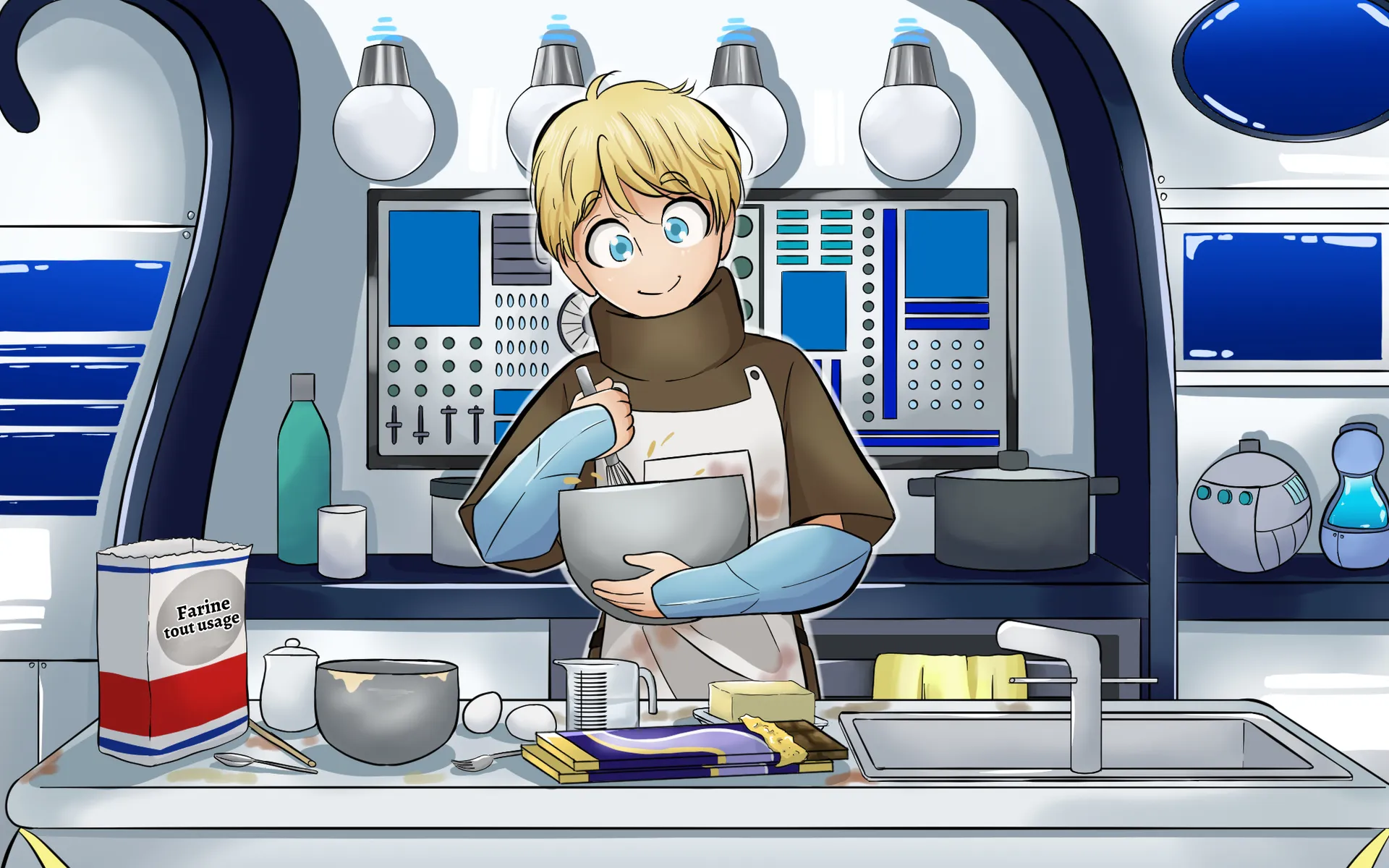 Dans une cuisine futuriste, un garçon blond aux yeux bleus prépare un dessert avec farine, œufs, beurre et chocolat. Il porte un col roulé kaki, des manches bleues et un tablier blanc sale.