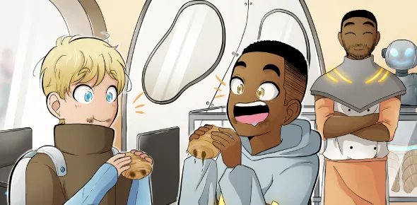 Trois personnes en tenues futuristes. Deux garçons mangent des chocolatines et un homme les regarde les bras croisés.