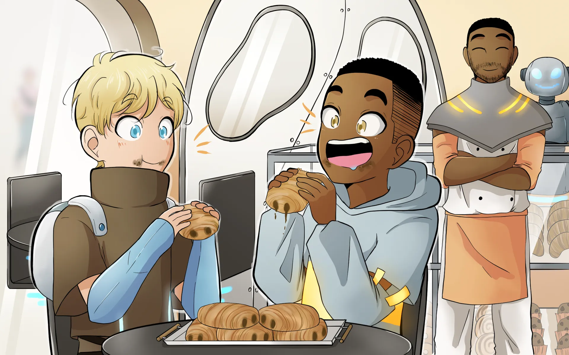 Le père de Nathan, qui porte un poncho court à col remonté gris orné de bandes dorées, est debout derrière les garçons, bras croisés, yeux fermés et souriant.