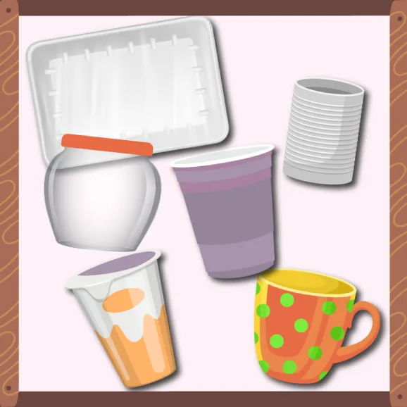 Une barquette en plastique, un pot en vitre, une boîte de conserve, un verre jetable, un pot de yogourt, une tasse en céramique.