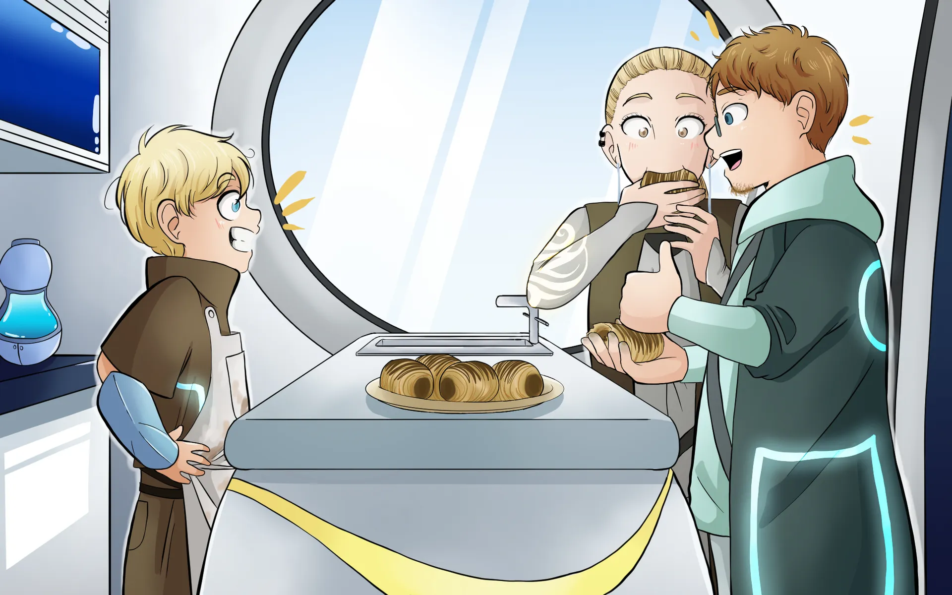 De part et d’autre de l’îlot de cuisine, il y a Thomas d’un côté et ses deux parents de l’autre. La mère croque dans son pain, tandis que le père tient le sien dans sa main droite et lève le pouce de sa main gauche.