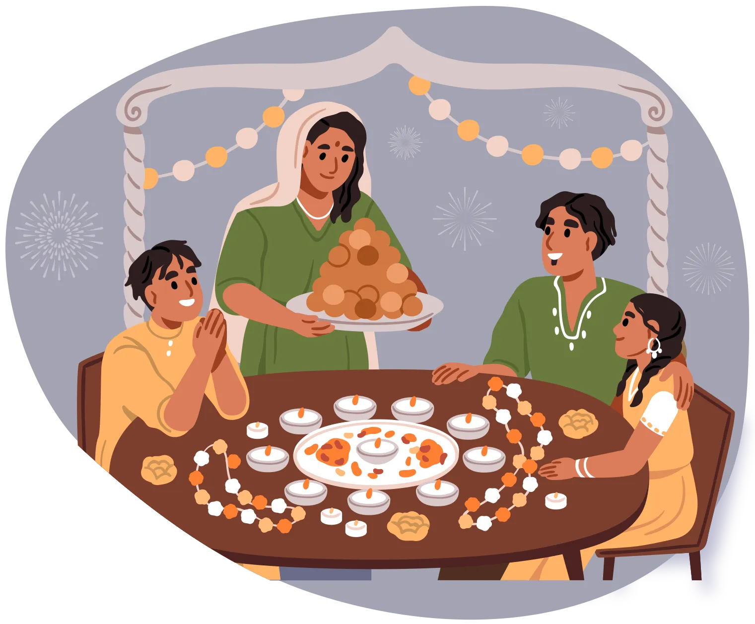 Une fille, un garçon et un homme autour d’une table garnie de petits plats et de décorations. Une femme coiffée d’un voile apporte un croquembouche.