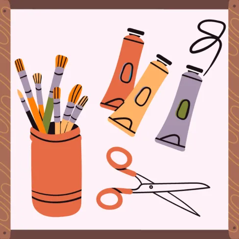 Des pinceaux, des tubes de peinture, des ciseaux.