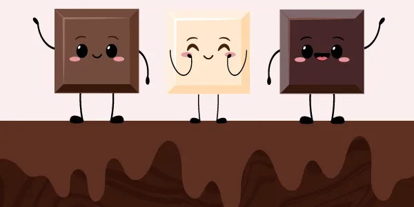 Trois carrés de chocolat : au lait, blanc, noir. Ils ont tous un visage, des bras et des jambes.