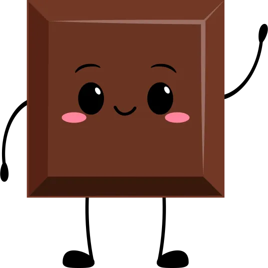 Un carré de chocolat au lait avec un visage, des bras et des jambes, qui envoie la main.