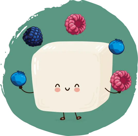 Cube de tofu souriant jonglant avec des baies.