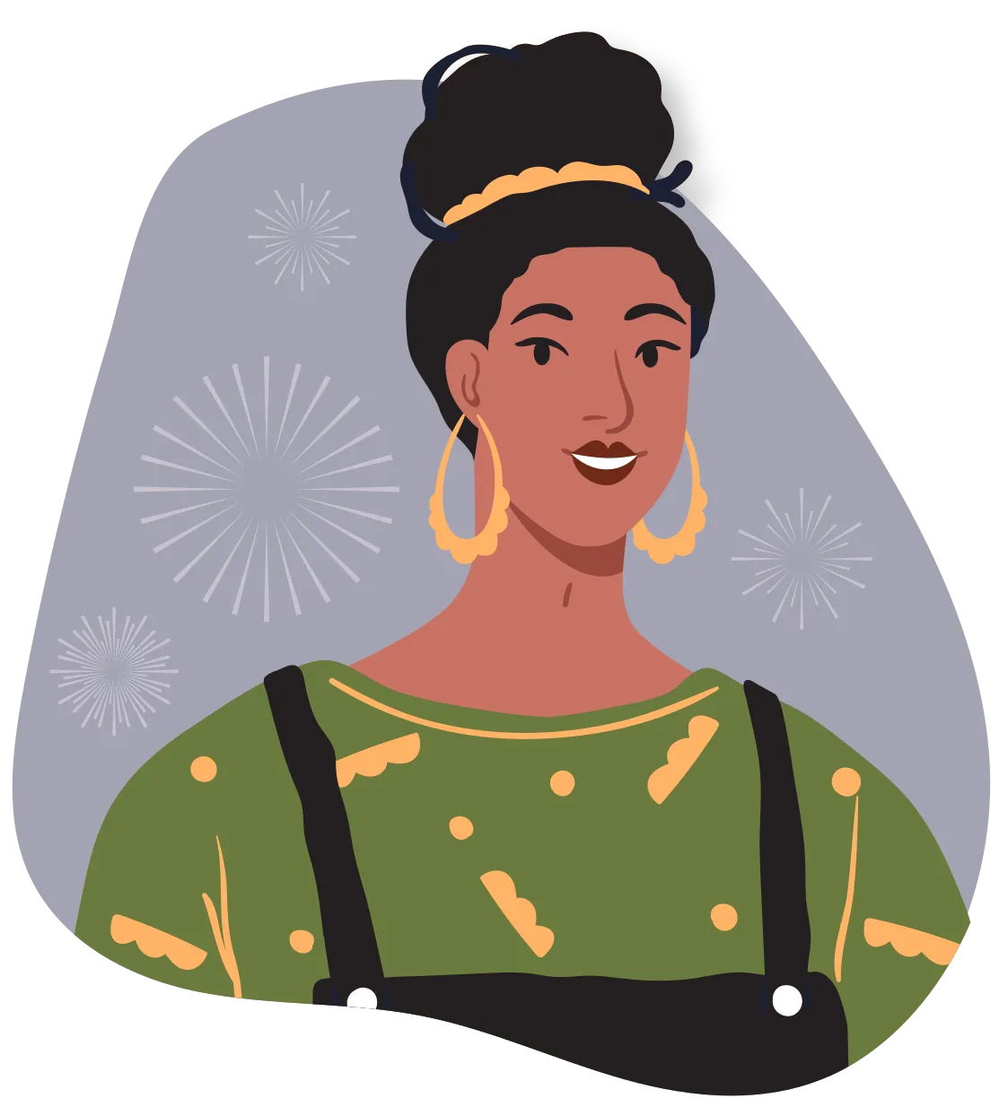 Femme aux cheveux noirs coiffés en un épais chignon retenu par une parure dorée. Elle porte des boucles d’oreilles dorées en forme de goutte d’eau.