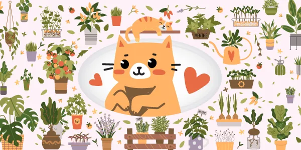 Au centre de la page, un chat entouré de deux cœurs. Au-dessus de lui, un chat endormi sur une tablette en bois. Autour d’eux, différentes sortes de plantes.