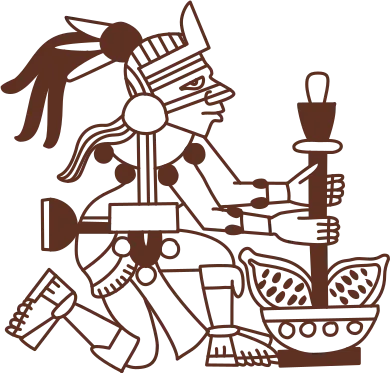 Une personne maya écrasant des fèves de cacao au moyen d’un long mortier.