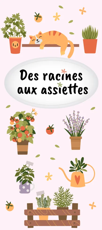 Un chat couché sur une tablette en bois entouré de différentes sortes de plantes.