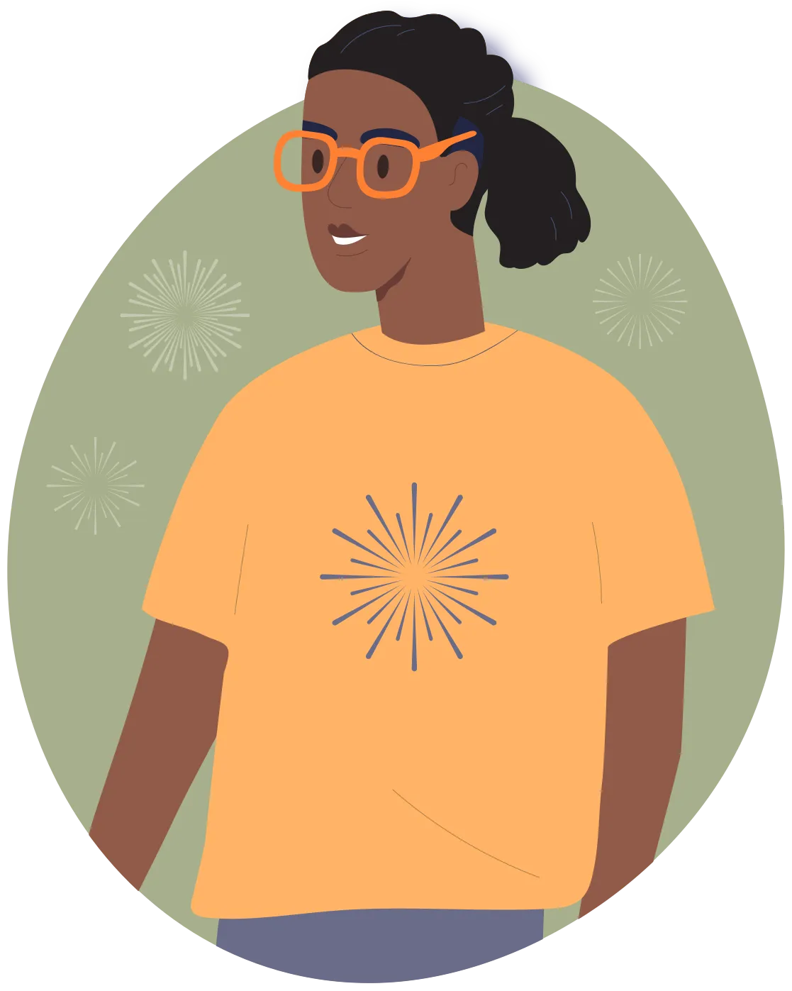 Une personne afrodescendante coiffée d’une queue de cheval et portant des lunettes.