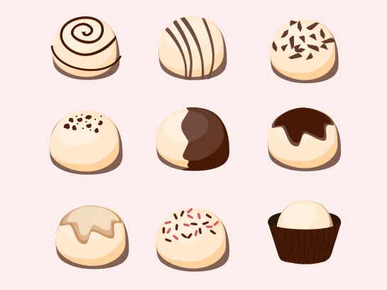 Neuf chocolats blancs ronds garnis de différentes manières.