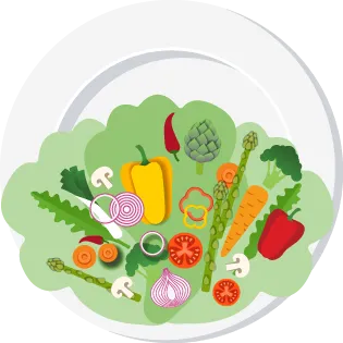 Dans une immense assiette, sur de larges feuilles de laitue, divers légumes colorés, entiers ou découpés.