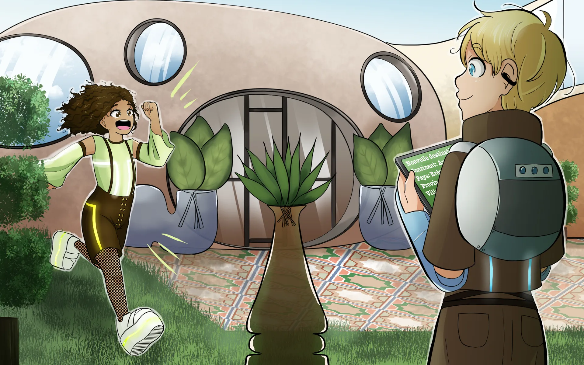 La fille porte des chaussures à semelles épaisses, des collants résille noirs, une jupe noire à bande jaune réfléchissante, un t-shirt et des manches vert fluo. De grandes plantes ornent l’entrée futuriste.