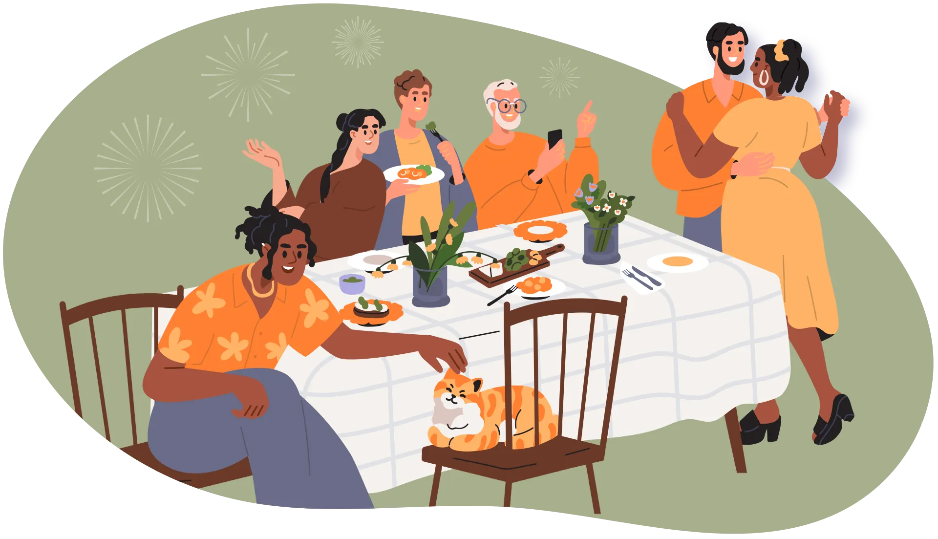 Un homme et une femme dansent ensemble à côté d’une table autour de laquelle il y a quatre personnes et un chat.